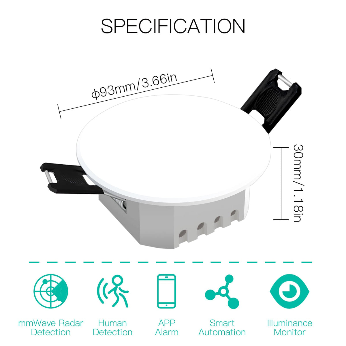Smart human presence and motion detection ceiling sensor with mmWave radar and PIR technology, Zigbee compatible.